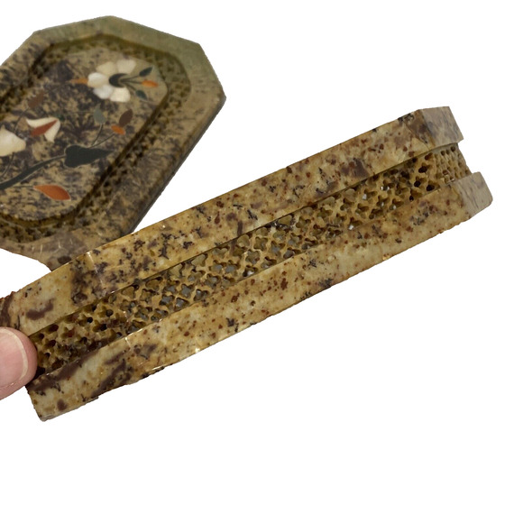 Trinket Jewelry Box & Lid Carve Stone Marble Mother of Pearl Inlay Flower Design - Picture 6 of 11